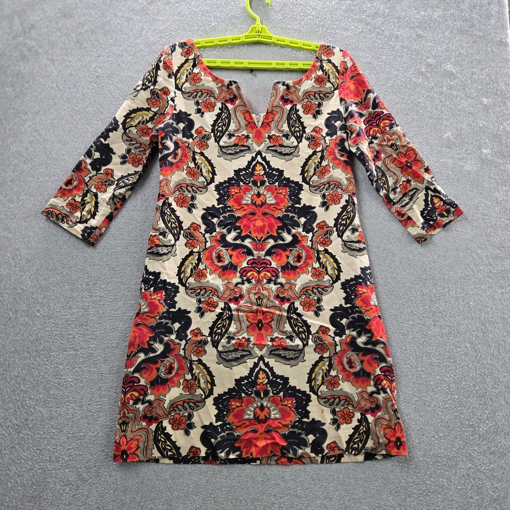J.crew Women Dress 2 Beige Cotton Linen Floral Sheath Romantic 3/4 Sleeve